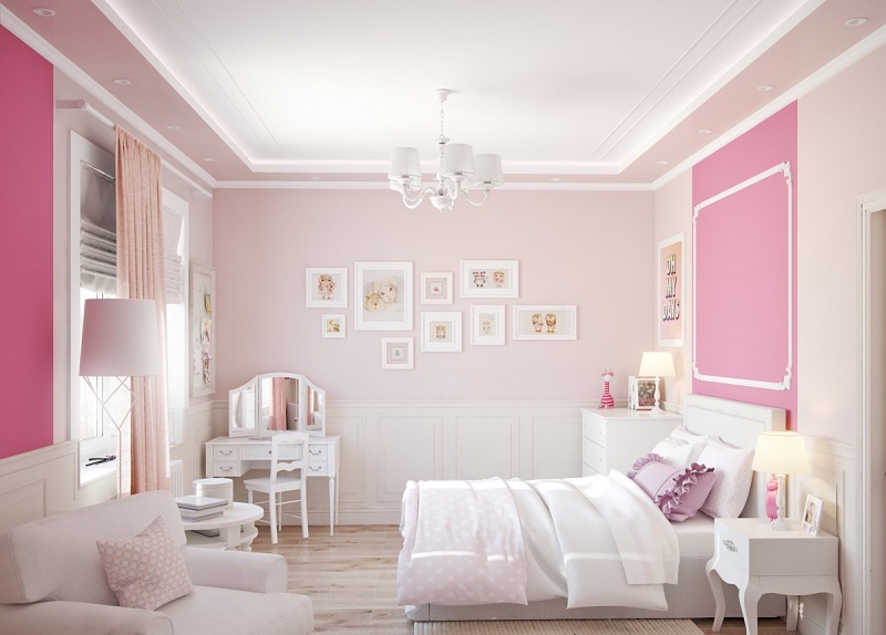 Phòng ngủ gam màu trắng hồng dành cho bé gái