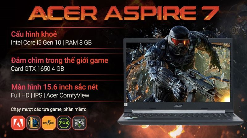 Laptop Acer Aspire 7 Gaming A715 75G 58U4 i5 - Laptop gaming cũ giá dưới 20 triệu